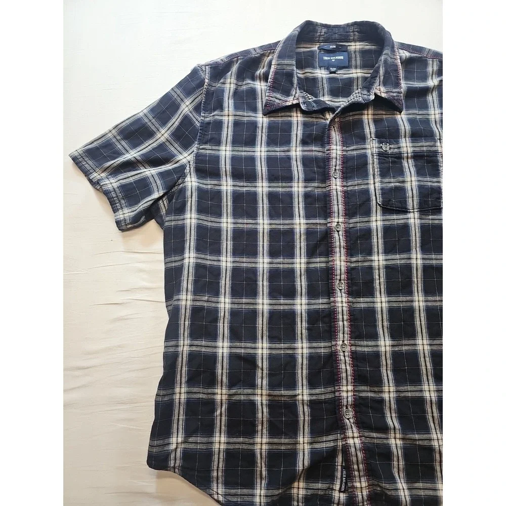 True Religion Mens Western Shirt  Slim Fit Size XL Plaid Dark Blue